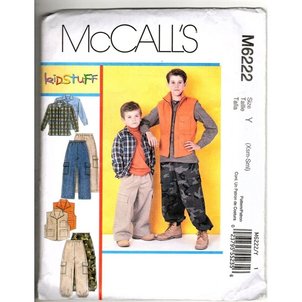 McCall's M6222 Boys XS to S Shirt, Vest and Cargo Pants Uncut Sewing Pattern